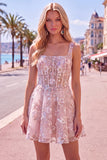 A-Line Pink Square Neck Corset Floral Short Formal Dress