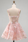 A-Line Pink Square Neck Corset Floral Short Formal Dress