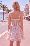 A-Line Pink Square Neck Corset Floral Short Formal Dress