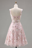 A-Line Pink Square Neck Corset Floral Homecoming Dress