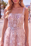 A-Line Pink Square Neck Corset Floral Short Formal Dress