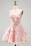 A-Line Pink Square Neck Corset Floral Short Formal Dress