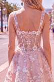A-Line Pink Square Neck Corset Floral Short Formal Dress