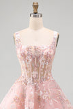 A-Line Pink Square Neck Corset Floral Short Formal Dress