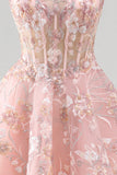 A-Line Pink Square Neck Corset Floral Short Formal Dress