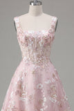 A-Line Pink Square Neck Corset Floral Homecoming Dress