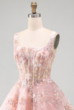 A-Line Pink Square Neck Corset Floral Short Formal Dress