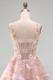 A-Line Pink Square Neck Corset Floral Short Formal Dress