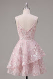 A-Line Pink Corset Spaghetti Straps Floral Homecoming Dress