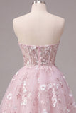 Strapless A-Line Pink Corset Floral Homecoming Dress