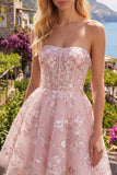 Strapless A-Line Pink Corset Floral Homecoming Dress
