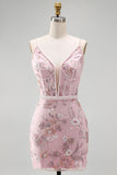 Pink Corset Bodycon Spaghetti Straps Floral Short Formal Dress