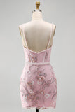 Pink Corset Bodycon Spaghetti Straps Floral Short Formal Dress