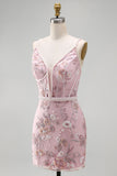 Pink Corset Bodycon Spaghetti Straps Floral Short Formal Dress