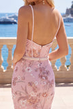 Pink Corset Bodycon Spaghetti Straps Floral Short Formal Dress