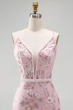 Pink Corset Bodycon Spaghetti Straps Floral Short Formal Dress