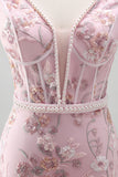 Pink Corset Bodycon Spaghetti Straps Floral Short Formal Dress