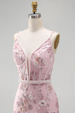 Pink Corset Bodycon Spaghetti Straps Floral Short Formal Dress