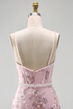 Pink Corset Bodycon Spaghetti Straps Floral Short Formal Dress