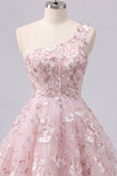 One Shoulder Pink Corset A-Line Floral Homecoming Dress