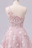 One Shoulder Pink Corset A-Line Floral Homecoming Dress
