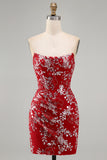 Sparkly Red Tight Short Beaded Ruched Floral Strapless Homecoming Dress
