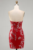Sparkly Red Tight Short Beaded Ruched Floral Strapless Homecoming Dress