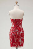 Sparkly Red Tight Short Beaded Ruched Floral Strapless Homecoming Dress
