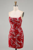 Sparkly Red Tight Short Beaded Ruched Floral Strapless Homecoming Dress