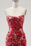 Sparkly Red Tight Short Beaded Ruched Floral Strapless Homecoming Dress