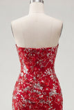 Sparkly Red Tight Short Beaded Ruched Floral Strapless Homecoming Dress