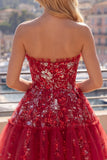 Sparkly Red A Line Short Beaded Ruched Floral Homecoming Dress with Ruffles