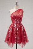 Sparkly Red Floral A Line Short Corset Beaded Homecoming Dress with Ruffles