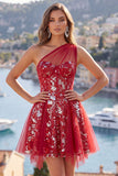 Sparkly Red Floral A Line Short Corset Beaded Homecoming Dress with Ruffles