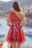 Sparkly Red Floral A Line Short Corset Beaded Homecoming Dress with Ruffles