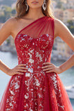 Sparkly Red Floral A Line Short Corset Beaded Homecoming Dress with Ruffles