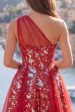 Sparkly Red Floral A Line Short Corset Beaded Homecoming Dress with Ruffles
