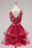 Red Ruched Floral Cut Out A Line Short Homecoming Dress with Ruffles