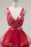 Red Ruched Floral Cut Out A Line Short Homecoming Dress with Ruffles