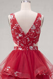 Red Ruched Floral Cut Out A Line Short Homecoming Dress with Ruffles