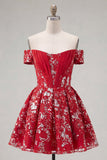 Sparkly Red Floral A Line Short Corset Homecoming Dress with Beading