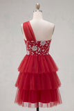 Floral Red One Shoulder A Line Short Homecoming Dress with Ruffles
