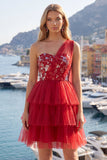Floral Red One Shoulder A Line Short Homecoming Dress with Ruffles