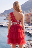 Floral Red One Shoulder A Line Short Homecoming Dress with Ruffles