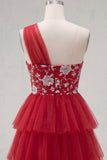 Floral Red One Shoulder A Line Short Homecoming Dress with Ruffles