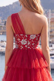 Floral Red One Shoulder A Line Short Homecoming Dress with Ruffles