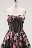 Black Pink Flower A Line Strapless Corset Short Homecoming Dress