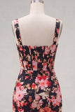 Black Pink Flower Tight Short Thick Straps Corset Homecoming Dress with Ruffles