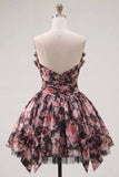 Black Pink Flower A Line V-Neck Ruched Short Homecoming Dress with Bows
