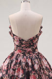 Black Pink Flower A Line V-Neck Ruched Short Homecoming Dress with Bows